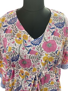 Caftan floral multicolore élégant pour les femmes confortable léger 100% coton robe main bloc impression taille naturelle à la main - Product Image 5