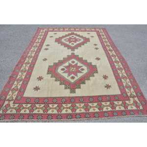 Alfombra turca clásica roja y Beige Vintage de 6,9x9,5 pies, área grande, tejido plano de retazos para decoración de sala de estar, látex de lana - Product Image 1