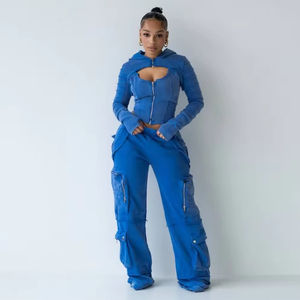 Nueva llegada mujeres Multi cremallera Cargo bolsillos chándal 100% algodón polar 550 GSM chándales - Product Image 1