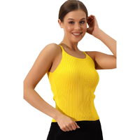 Top Corto de Punto Amarillo sin Mangas para Mujer, Cuello Redondo, Estilo Casual, Color Sólido, Ajuste Elástico, Primavera-Verano