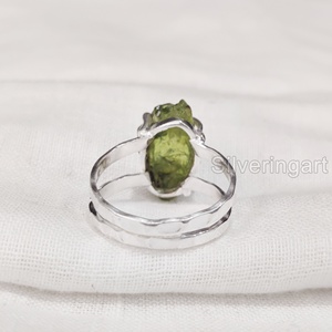 Rough Stone Jewelry Women's Ring Natural Raw Peridot Gemstone August Birthstone Hammered Two Band Ring 925 Sterling Silver Ring - Product Image 5