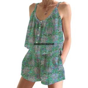 Ensemble de pyjama en coton pour femmes à imprimé floral, imprimé à la main, printemps/été, floral, ajusté, bretelles fines, sans manches - Product Image 6