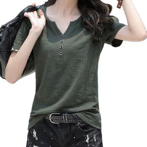 Camisetas Casuales de Algodón para Mujer, Talla Grande, Cuello en V, Manga Corta, con Decoración de Botones, Impresión Digital - Product Image 3