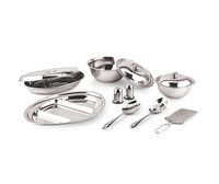 Ensemble de vaisselle en acier inoxydable écologique et durable, finition miroir, plateau ovale à compartiments, bols de service, couvercles, cuillères, sel et poivre