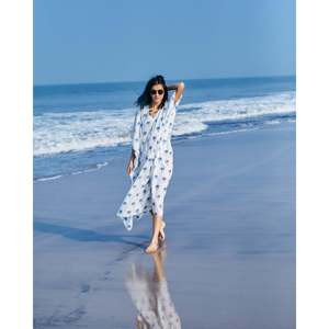 Caftán Elegante Casual de Talla Única con Estampado de Palmeras, Vestido de Verano Transpirable con Decoración Calada, Largo hasta el Suelo para Ocio y Fiestas - Product Image 1