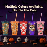 Gobelet en plastique à paillettes de 16 oz avec couvercle et paille, motif Crâne de sucre, Halloween, logo personnalisé, réutilisable, vente en gros d'usine OEM