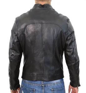Blouson en cuir noir pour homme avec poignets et col côtelés | Blouson classique coupe ajustée avec fermeture éclair Blouson élégant - Product Image 4