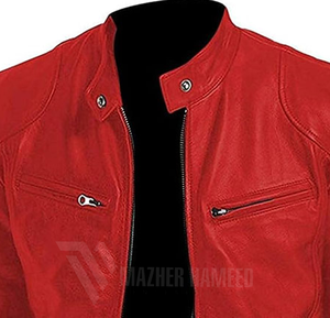 Veste en cuir véritable de couleur rouge unie élégante classique pour hommes Vestes d'hiver durables et respirantes à col montant de style rue haute - Product Image 2
