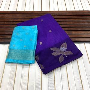 Sari en soie pure Dola lourde avec bordure en zari à effet satiné, entièrement orné de zari, tissage de butti, contraste avec le chemisier - Product Image 3