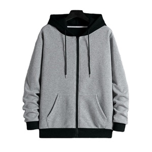 Grey Zipper <b>Hoodie</b> For Men With <b>Black</b> Hood & Ribbed High Quality Wholesales Prices Cotton Fleece Zip Up Men's Hoodies - Product Image 3