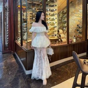 Custom White <b>Chiffon</b> Ruffle Blouse and Lace Maxi <b>Skirt</b> Set for Women Wholesale - Product Image 3