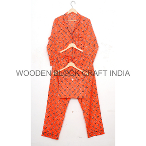 Conjunto de pijama de algodón 100% ultrasuave para mujer, estampado de bloque de mano, árbol de coco Floral, vestido de noche indio sólido inspirado en naranja-Vacaciones - Product Image 5