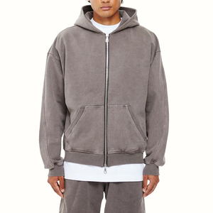 Sudadera con capucha con cremallera completa lavada con ácido para hombre personalizada hecha en fábrica, Sudadera con capucha de algodón transpirable con cremallera para hombre - Product Image 3