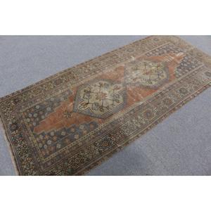 Turkish Vintage Patchwork Area Rug 3.7x8.2 ft <b>Brown</b> <b>Wool</b> Eco-Friendly Latex Backed Rug - Product Image 2