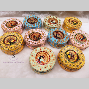 New Arrival 2025 Designer Steel <b>Box</b> With Meena Paint Beautiful Zari Work With Peacock Pattern Steel <b>Box</b> for Returing Gift - Product Image 3