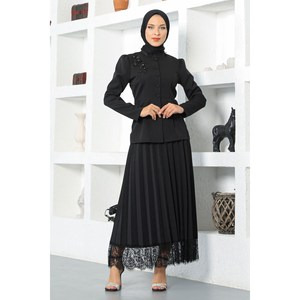 Conjunto de Falda Casual Diaria Dantel: Top Largo con Cuello con Volantes y Falda Midi de Poliéster Tejido, Diseño Liso Estampado para Primavera - Product Image 3