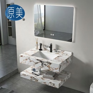 <span class=keywords><strong>Lavabo</strong></span> de cerámica bajo encimera de doble capa de diseño moderno, fregadero de mármol de piedra sinterizada, juego de gabinete de baño con espejo para Hotel - Product Image 1