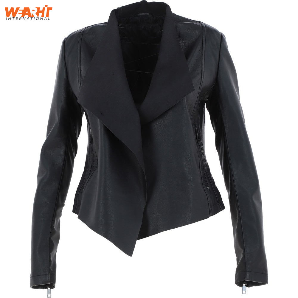 Genuine Leather Asymmetrical Open Front Women's Coat Long Sleeve