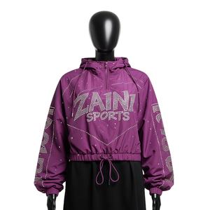 <b>Women</b> High Quality Polyester <b>Windbreaker</b> <b>Jacket</b> Soft Purple Color Custom Logo With Crystal Rhinestone Design <b>Jacket</b> For <b>Women</b> - Product Image 1