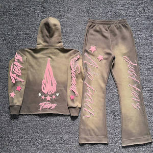 Manufacturer Custom High Quality Acid Wash Vintage Flared Sweatsuit Sweatpants and Hoodie Acid Wash Tracksuits Sweatsuits <b>Set</b> - Product Image 5