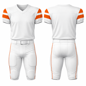 ชุดยูนิฟอร์มอเมริกันฟุตบอลสีขาวล้วนระดับเอลีท: เสื้อแข่งสำหรับทีมมืออาชีพ พร้อมแถบสีส้มโดดเด่นที่แขนเสื้อ และกางเกงบุฟองน้ำ - Product Image 3