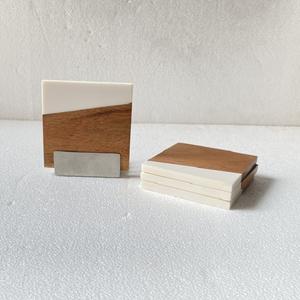 Haute qualité 10 cm marbre blanc et bois sous-verre ensemble 4 pièces avec support en métal classique maison table utilisation usine prix de gros - Product Image 1