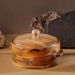 Casserole en bois classique de qualité, écologique, pour la cuisine, boîte à chapati avec finition argentée florale, étui chaud - Product Image 5