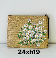 Tas Anyaman Rumput Sedge Alami Rustic Refined Motif Bunga dengan Ritsleting Ramah Lingkungan Dua Pegangan untuk Wanita, Cocok untuk Perjalanan Luar Ruangan 1L VN