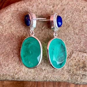 Boucles d'oreilles ovales artisanales Pariba Tourmaline et Lapis Lazuli bleu avec placage en argent bijoux élégants en pierres précieuses pour femmes - Product Image 3