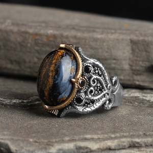 Anillo Azuris VALKH1477 de Plata de Ley 925 para Hombre, Estilo Otomano, con Piedra Negra Natural, Moderno y Elegante, Gran Venta en Turquía - Product Image 1