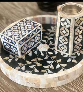 Juego de bandeja de quemador de incienso de madreperla redonda moderna hecha a mano, caja de quemador de incrustaciones de fregona de madera, calentador de velas, juego de bandeja de quemador Bakhoor - Product Image 4