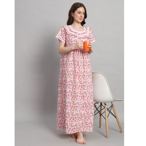 Camisón de Encaje 100% Algodón para Mujer, Mangas Medias, Largo Completo, Tela Transpirable, Cuello con Estampado Floral, Elegante, Primavera Otoño - Product Image 1