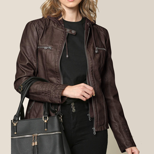 Chaqueta de Motocicleta de Cuero Genuino para Mujer, Piel de Oveja, Cuello Alto, Resistente al Viento, Cierre de Cremallera, para Otoño, Primavera e Invierno - Product Image 3