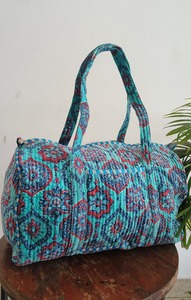 Handmade <b>Quilted</b> <b>Velvet</b> Cotton Duffle Bag Blue Red Floral Print | Luxury Weekender Durable Travel Bag | Eco-Friendly Large - Product Image 6