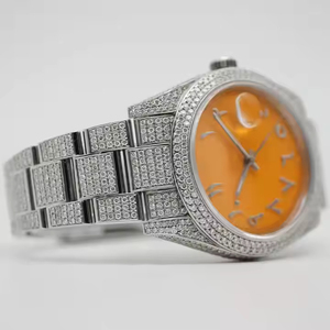 Montre Iced Out Lab Grown Diamond avec cadran orange Quartz Mouvement automatique Date Cadran Montre de luxe en acier inoxydable pour unisexe - Product Image 3