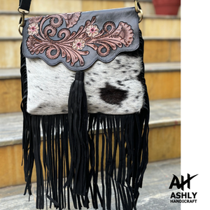 Gran oferta, piel de vaca hecha a mano, bolso cruzado de cuero con flecos genuinos Vintage, tallado Floral de alta calidad, bolsos de moda para mujer - Product Image 3
