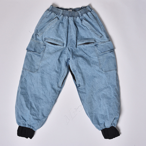Pantalon cargo unisexe en coton bleu clair, taille élastique, coupe ample, style denim délavé respirant - Product Image 1
