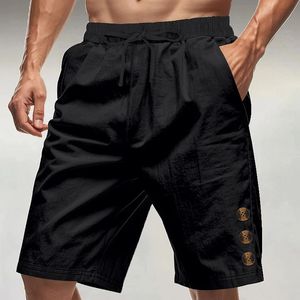 Mens <b>White</b> Summer <b>Shorts</b> Elastic Waist Drawstring Casual Beachwear Cotton Linen Breathable <b>Knee</b> <b>Length</b> Loose Fit with Buttons - Product Image 4