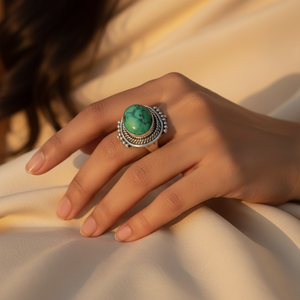 Bague de cocktail Art Palace en argent 925 et turquoise, style bohème vintage, sertie clos, unisexe, pour usage quotidien, cadeau - Product Image 3