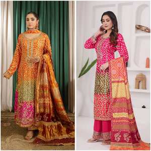 Elegant Ready Wear <b>Three</b> Piece Fancy Printed Long Heavy Chino Silk Kurti Set Stylish Palazzo Heavy Dupatta for Party Quick Dry - Product Image 3