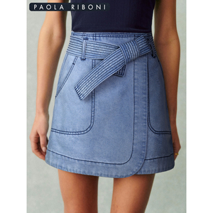 กระโปรงยีนส์ Paola Riboni เอวสูงทรงเอไลน์ ล้างสีอ่อน มีกระเป๋าคาดเอว สไตล์ฤดูร้อน - Product Image 1