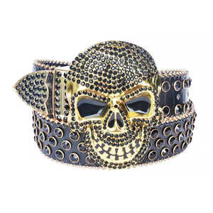 Ceinture noire en strass avec sangle noire et boucles en forme de crâne - Product Image 2