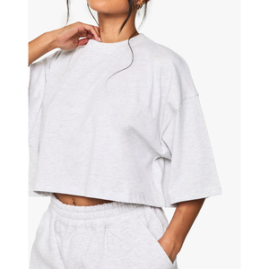 Summer <b>Women's</b> <b>Twin</b> <b>Sets</b> 100% Cotton Blank Crop T-Shirt & Shorts Boxy Fit Drop Shoulder Half Sleeves Knitted Customize Designs - Product Image 4