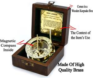 Boussole et horloge solaire classiques en cuivre dans une boîte en bois, montre de bateau rectangulaire, décoration nautique marine et article cadeau - Product Image 3
