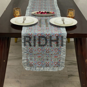 Chemin de table luxueux en coton 100% bleu airforce à motifs floraux indiens, personnalisable, à volants, imprimé à la main, pour salle à manger, hôtel, événements de mariage - Product Image 1