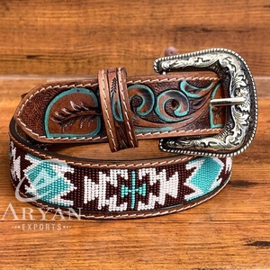 Fábrica al por mayor Casual aleación Pin hebilla mano Tooled cinturones de cuero hecho a mano con cuentas de lujo de las mujeres cinturones de cuero de vaca genuino - Product Image 1