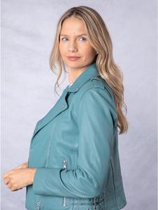 Veste universitaire asymétrique en peau de mouton véritable bleu sarcelle pour femme, fermeture éclair, doublure en coton doux, respirant et écologique, mode hiver - Product Image 2