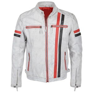 Veste en cuir de vache véritable de haute qualité pour homme, rayures sur le devant et les manches, veste de motard blanche cirée - Product Image 1