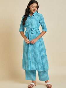 El último diseñador con estampado floral, hermosa Ropa Étnica, Kurti recto azul turquesa listo para usar con pantalones Palazzo, conjuntos de Ropa Étnica - Product Image 3