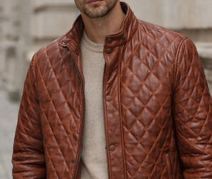 Men Diamond <b>Quilted</b> Leather Jacket Premium Style Insulated Jacket with Thermal Padded Lining Heavyweight Biker Workwear Jacket - Product Image 5